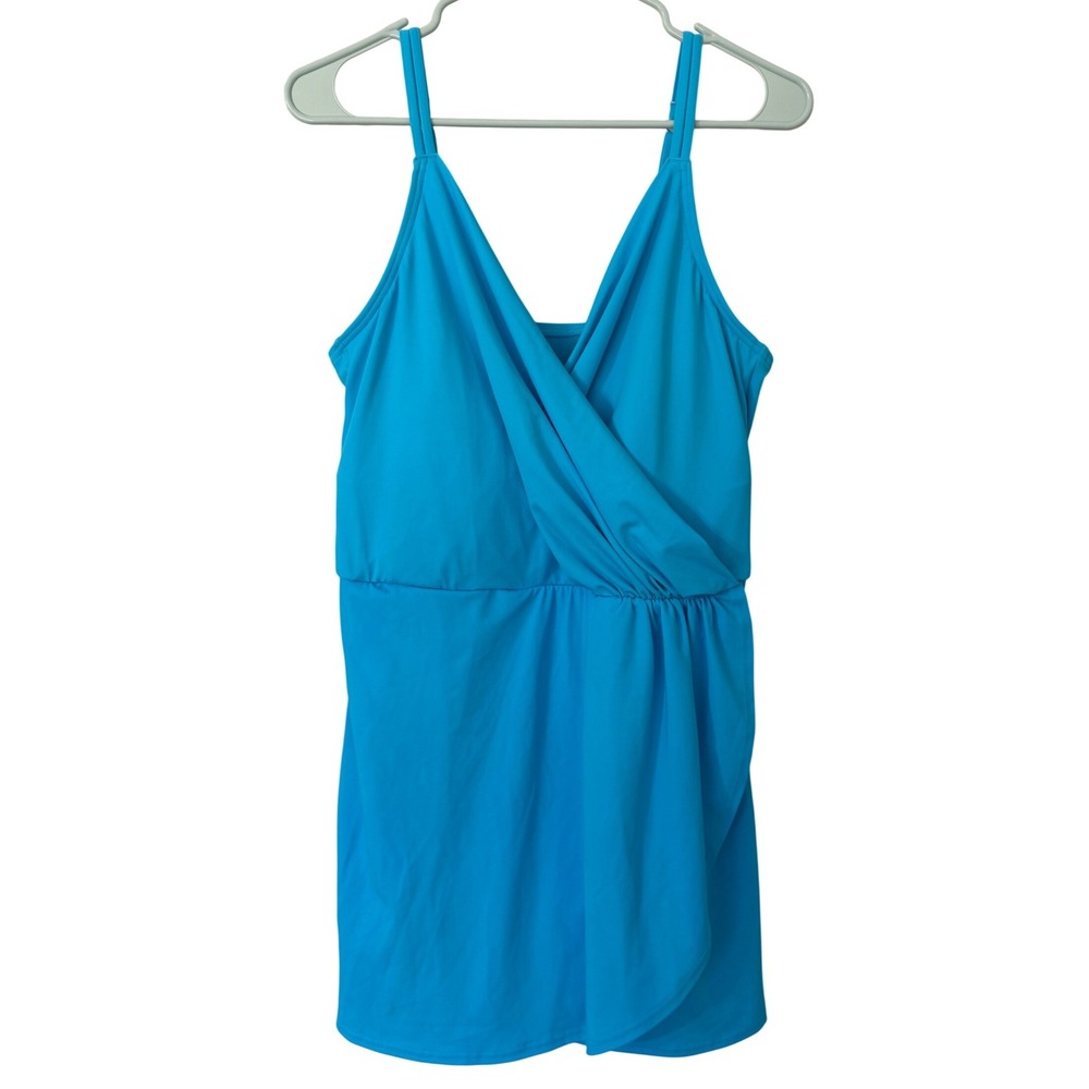 Lands End Womens Turquoise‎ Blue Surplice Wrap Swim Dress Size L 14-16